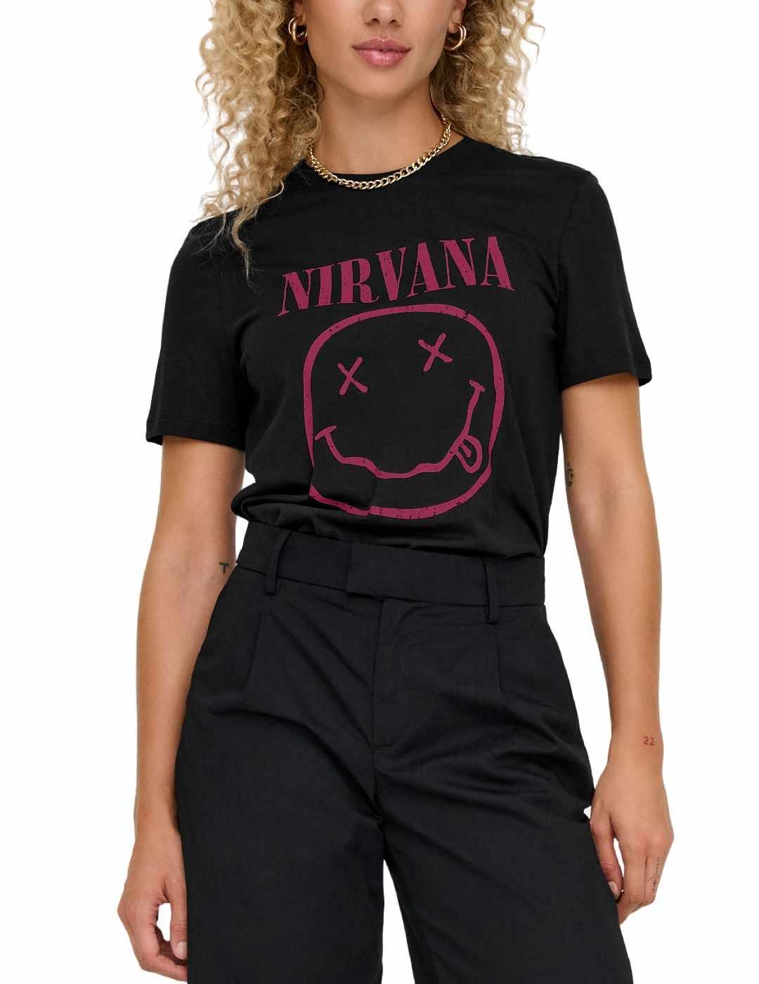 Camiseta Only Nirvana negra smile manga corta para mujer