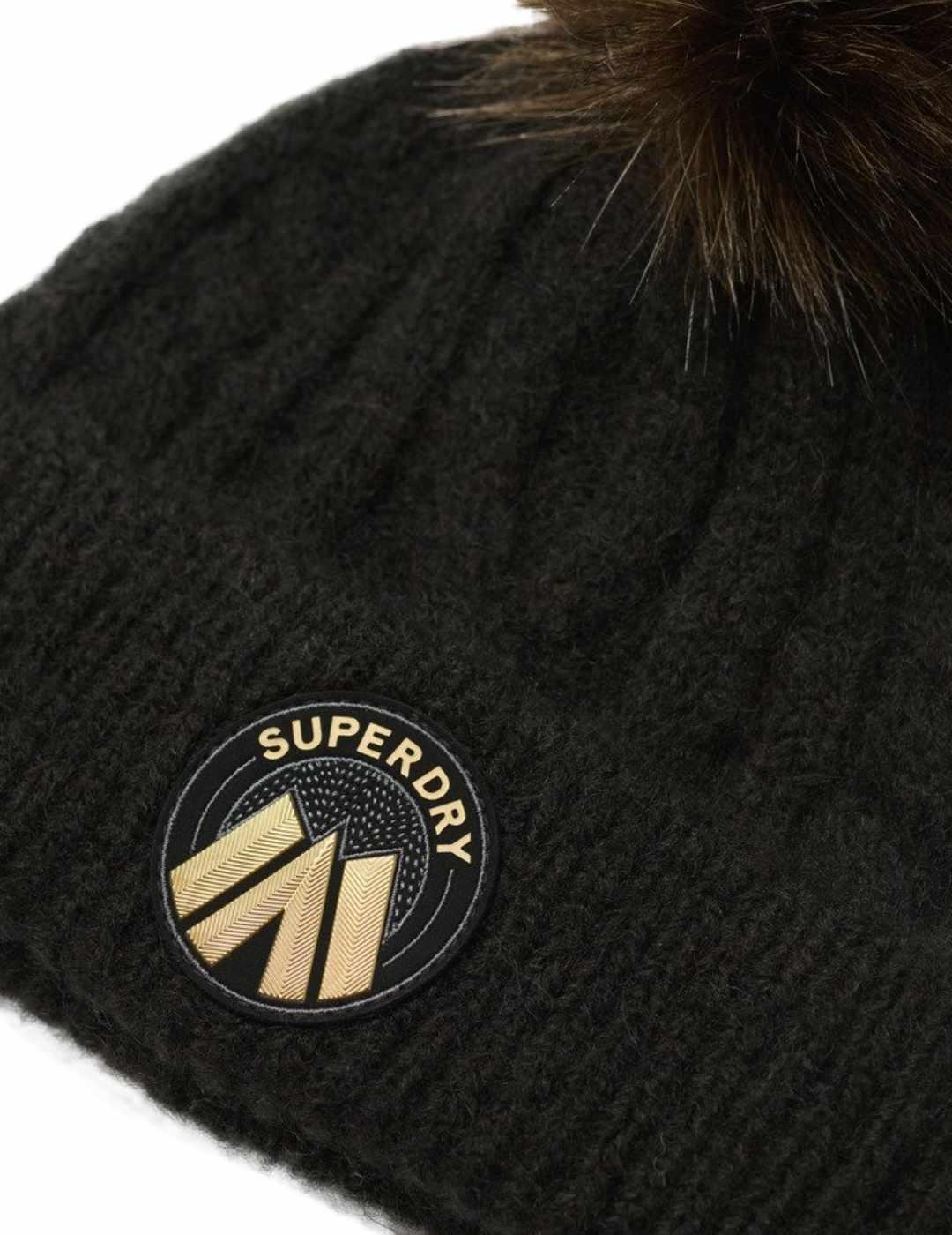 Gorro Superdry Luxe negro de lana con pompón para mujer