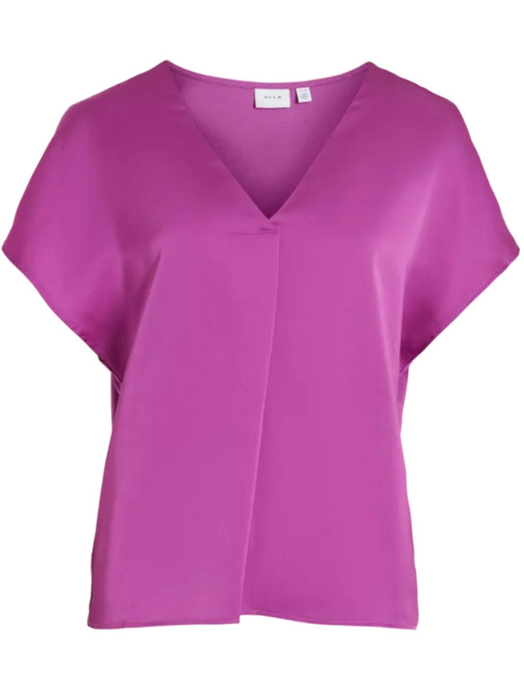 Camiseta Vila Ellete fucsia manga corta cuello pico de mujer