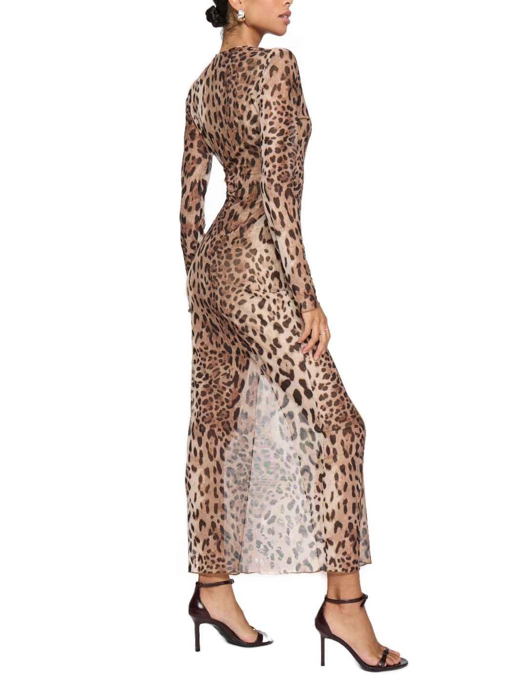 Vestido Vila Ninna leopardo midi manda larga para mujer