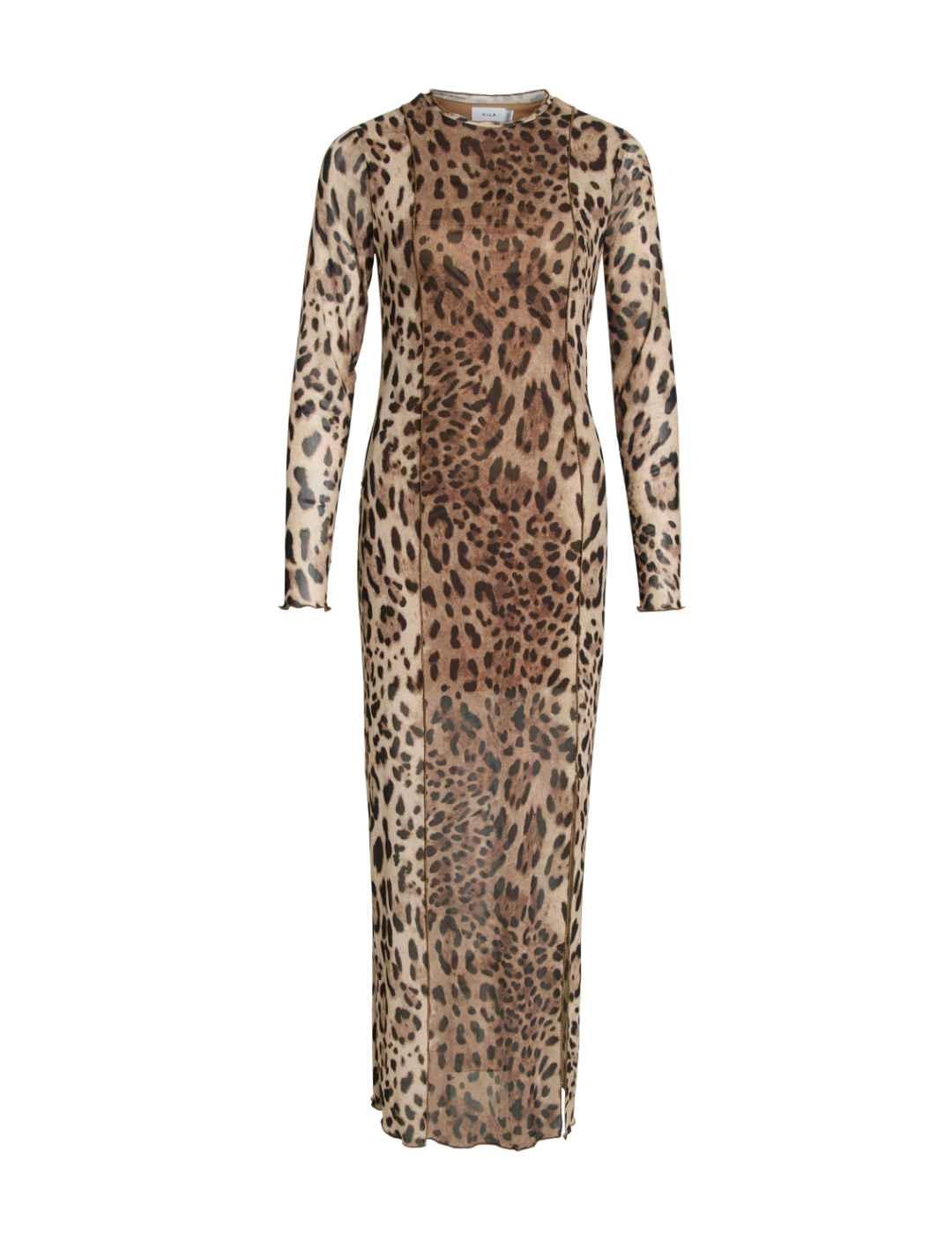 Vestido Vila Ninna leopardo midi manda larga para mujer