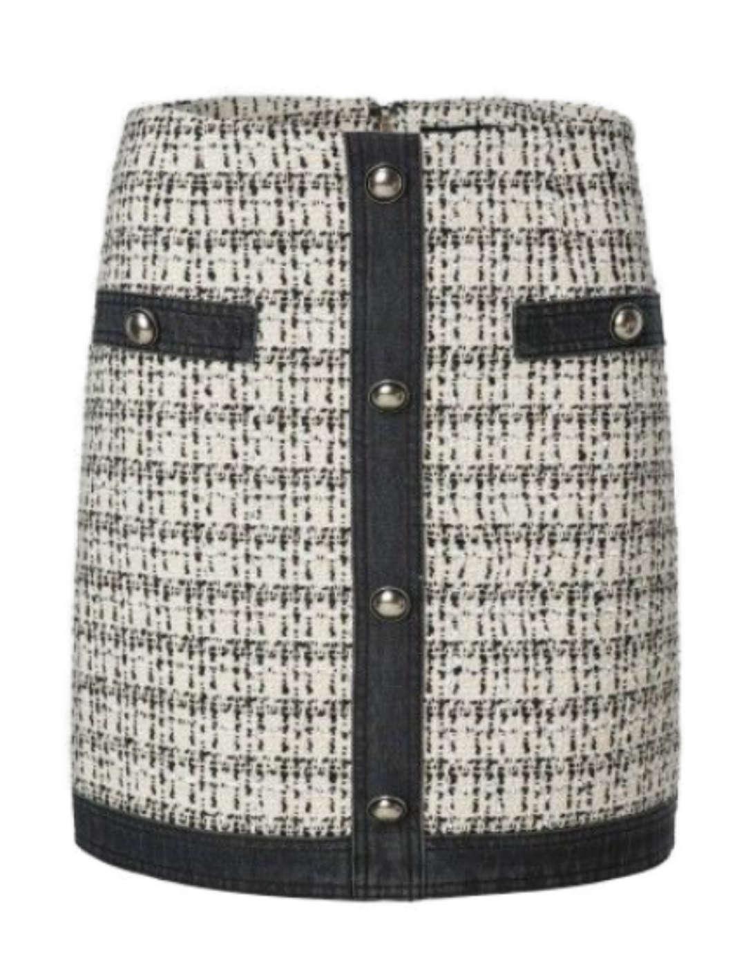 Falda mini Salsa tweed blanca negra con botones para mujer