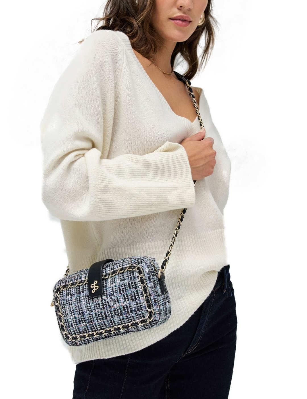 Bolso Salsa tweed azul bandolera negro y azul para mujer