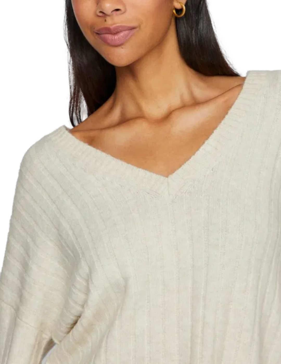 Jersey Vila Miraz cuello en V color beige punto para mujer