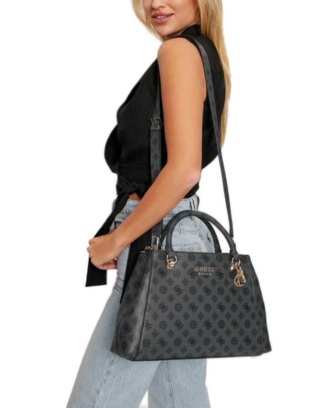 Bolso satchel Guess Evelune gris logotipo para mujer