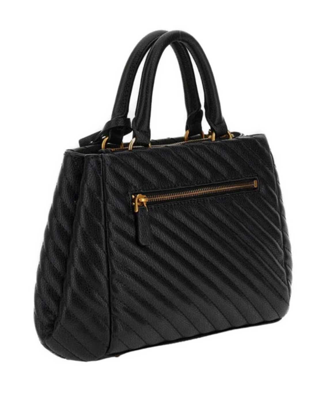 Bolso satchel Guess Sela negro guateado para mujer