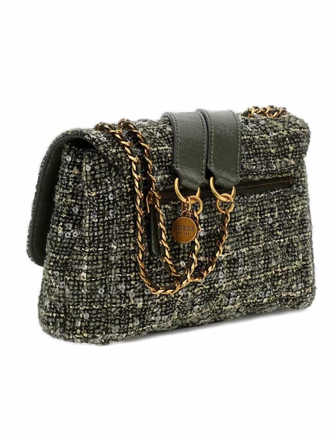 Bolso bandolera Guess Giully verde tweed para mujer