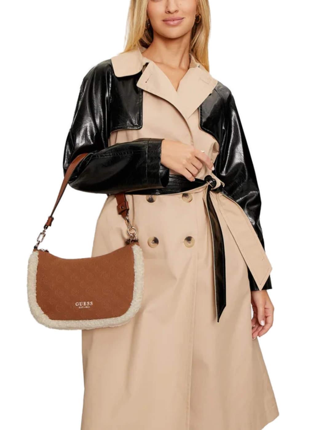 Bolso de hombro Guess Davika camel logotipo para mujer