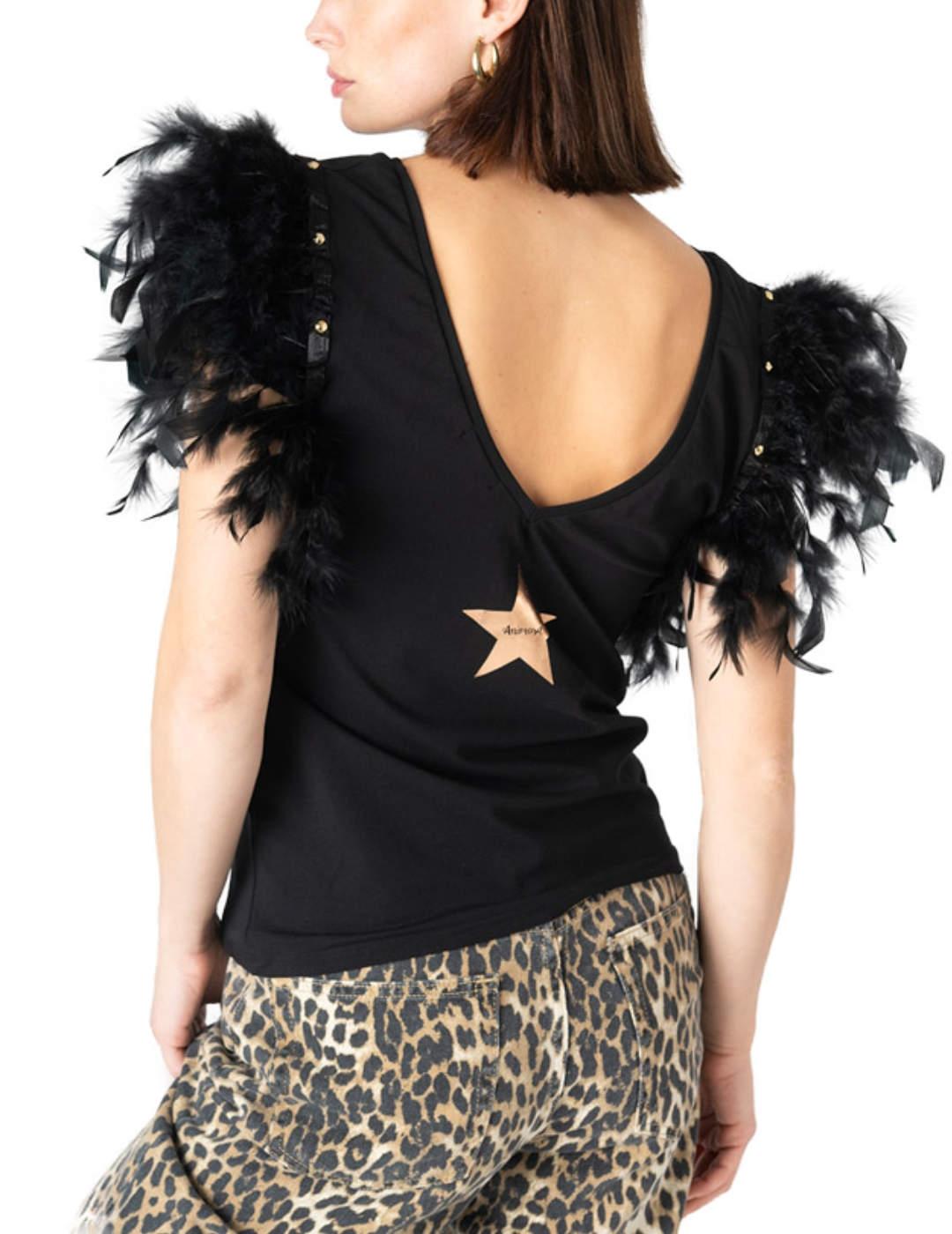 Camiseta Animosa Plumas estrella negra con plumas para mujer