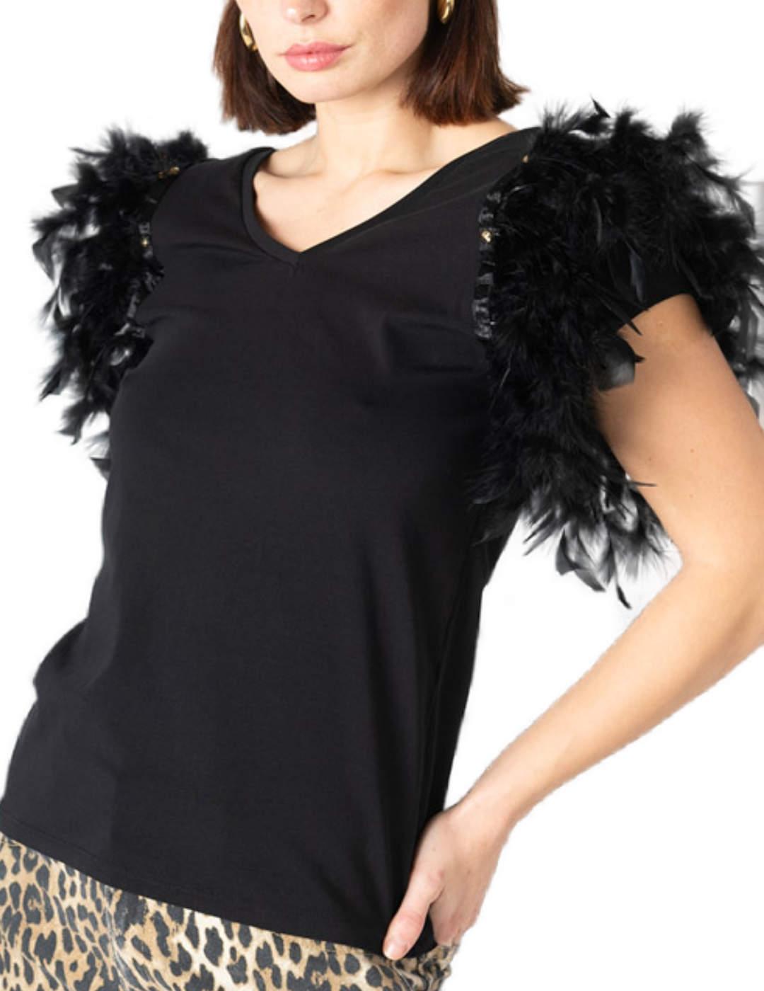 Camiseta Animosa Plumas estrella negra con plumas para mujer