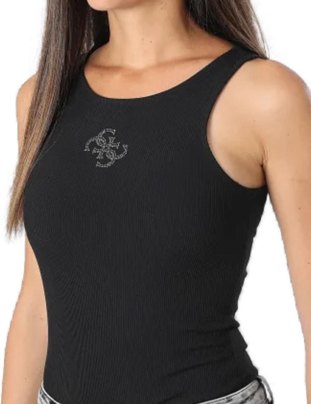 Camiseta Guess Round negro manga sisa logo para mujer