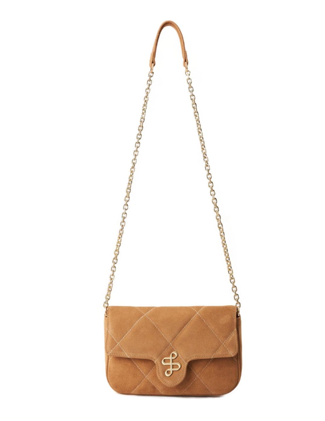 Bolso bandolera Salsa camel con solapa de ante para mujer