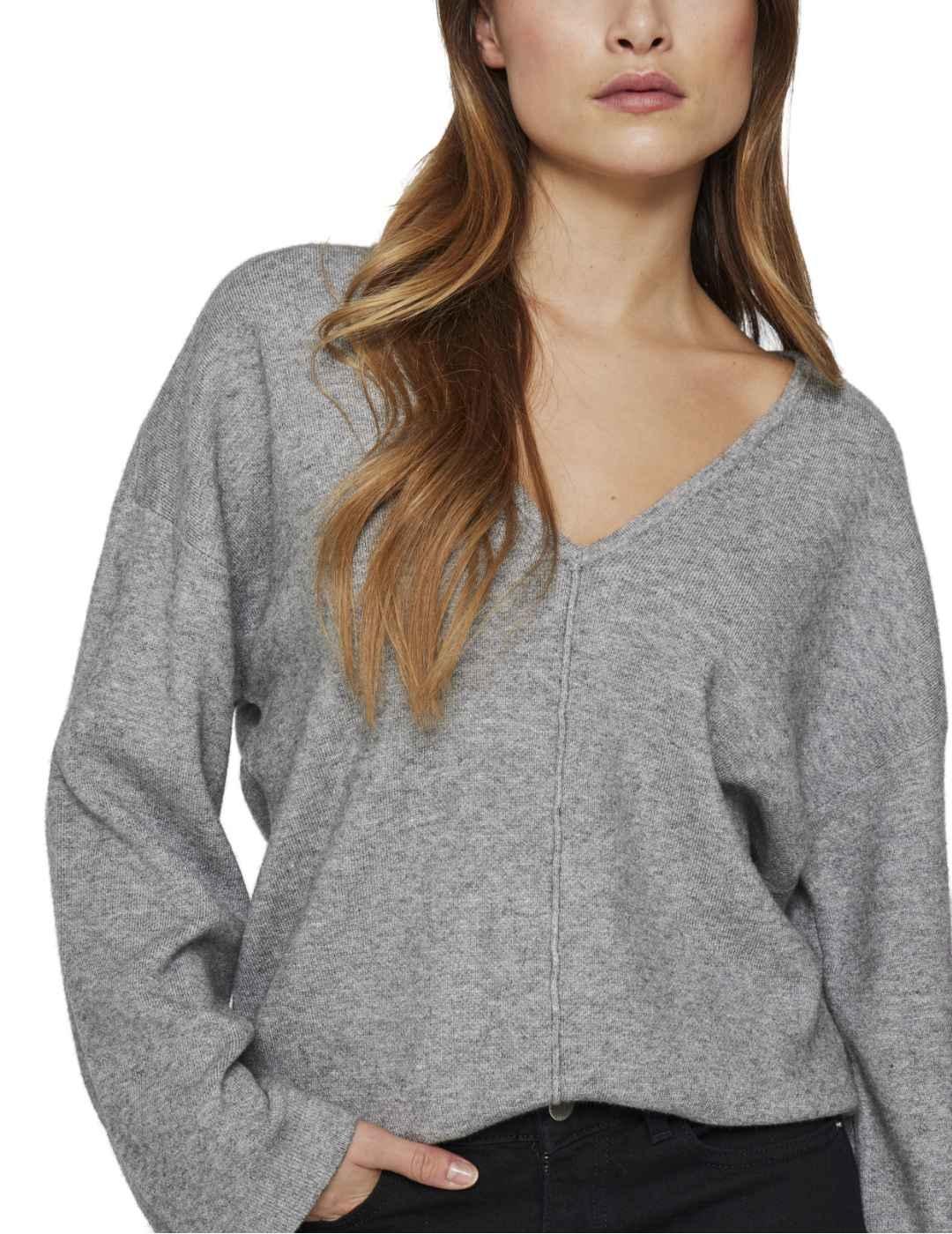 Jersey Vila Molia gris cuello pico de punto para mujer