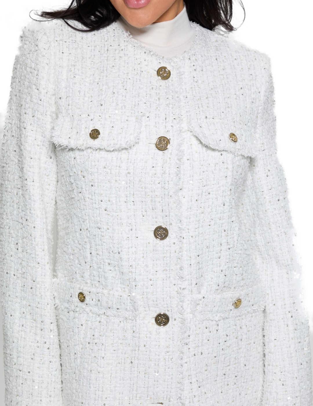 Chaqueta Guess Noelie blanco tweed regular para mujer