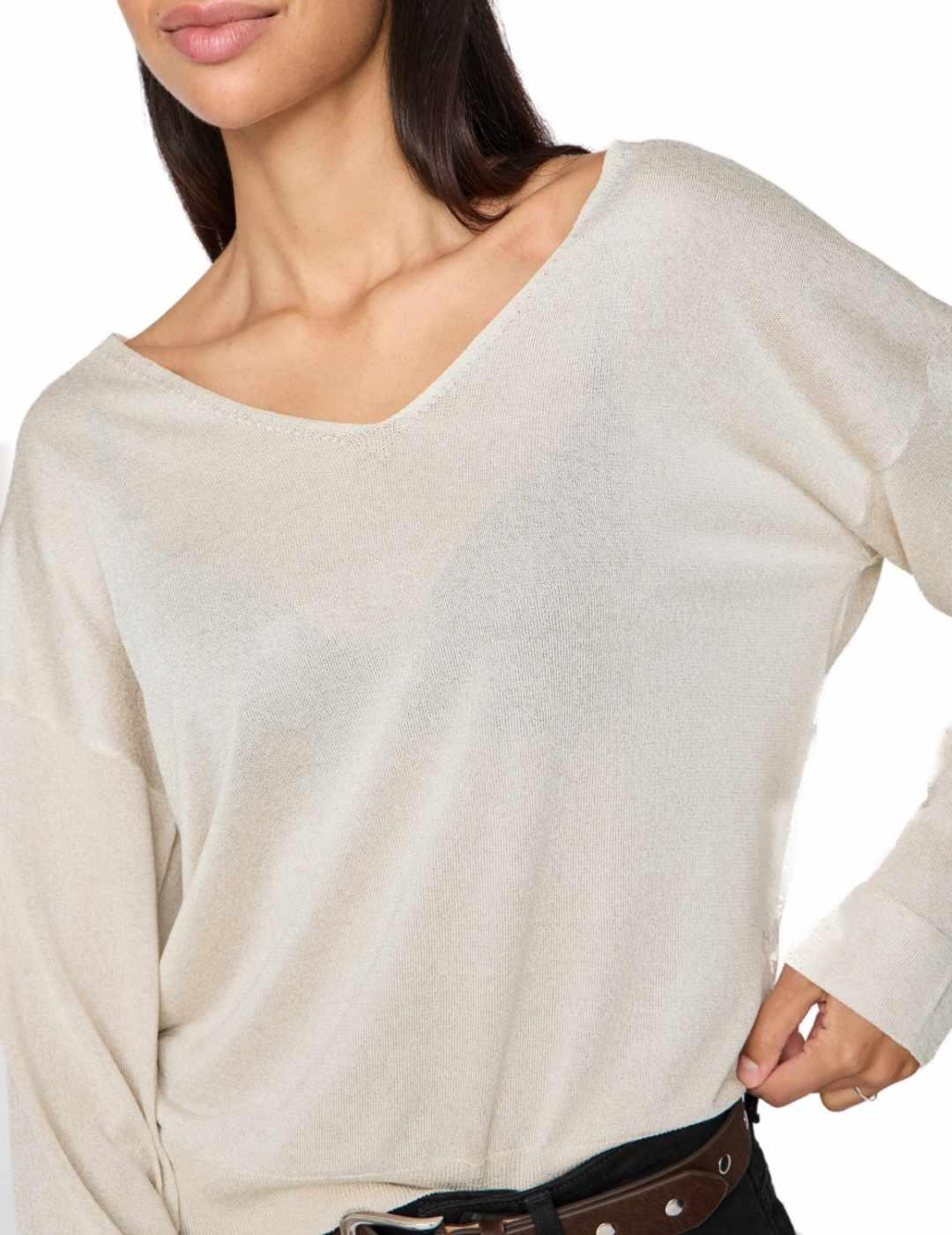 Jersey Vila Novy cuello pico beige brillante para mujer