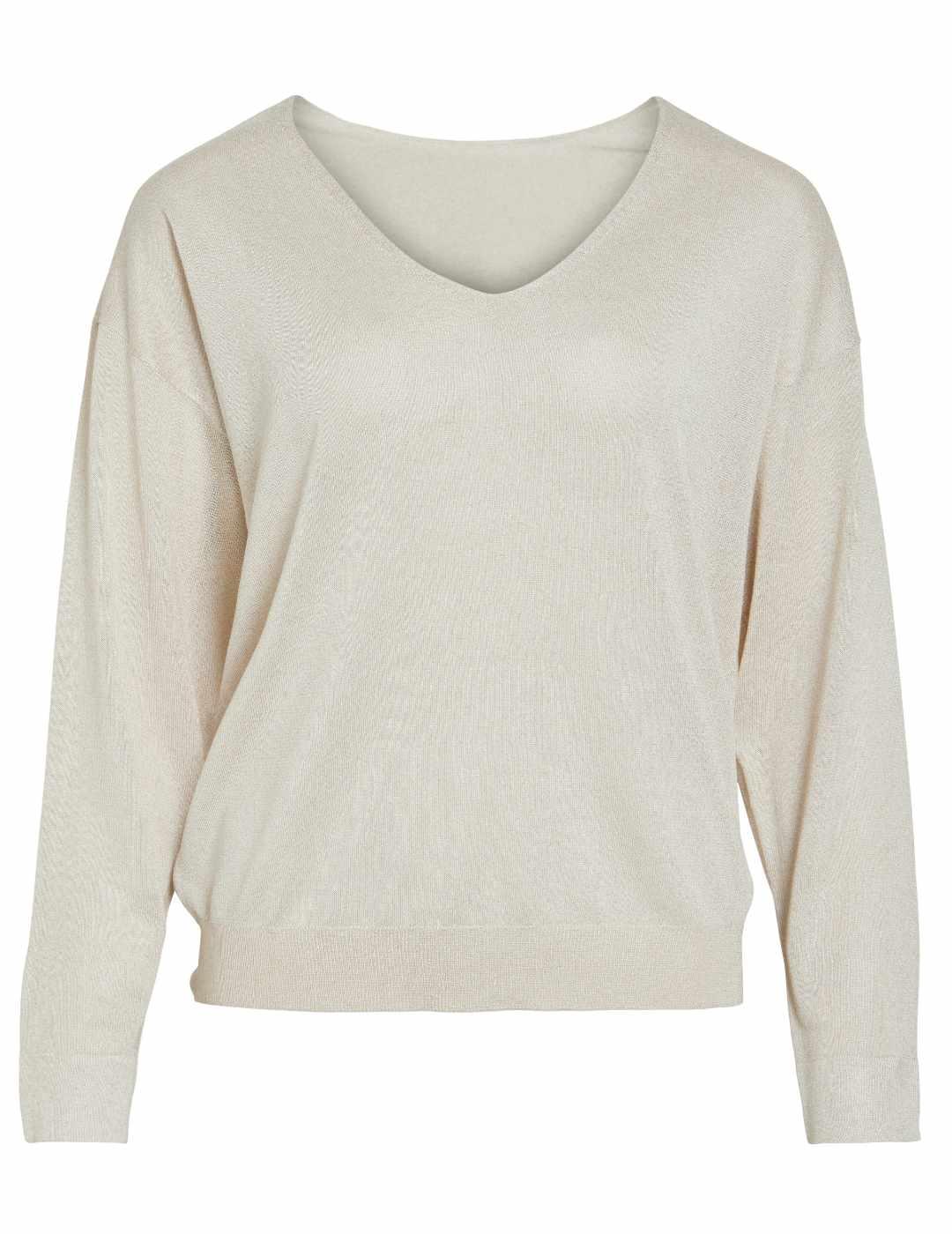 Jersey Vila Novy cuello pico beige brillante para mujer