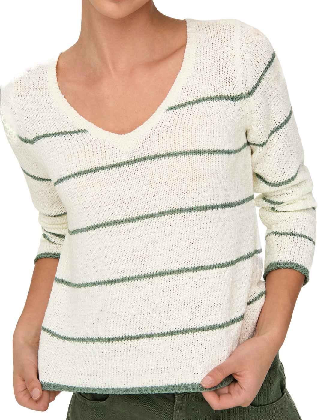 Jersey Only Geena cuello pico blanco raya verde para mujer