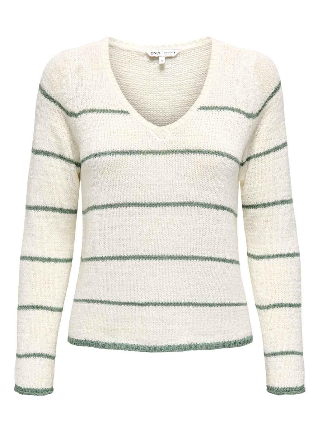 Jersey Only Geena cuello pico blanco raya verde para mujer