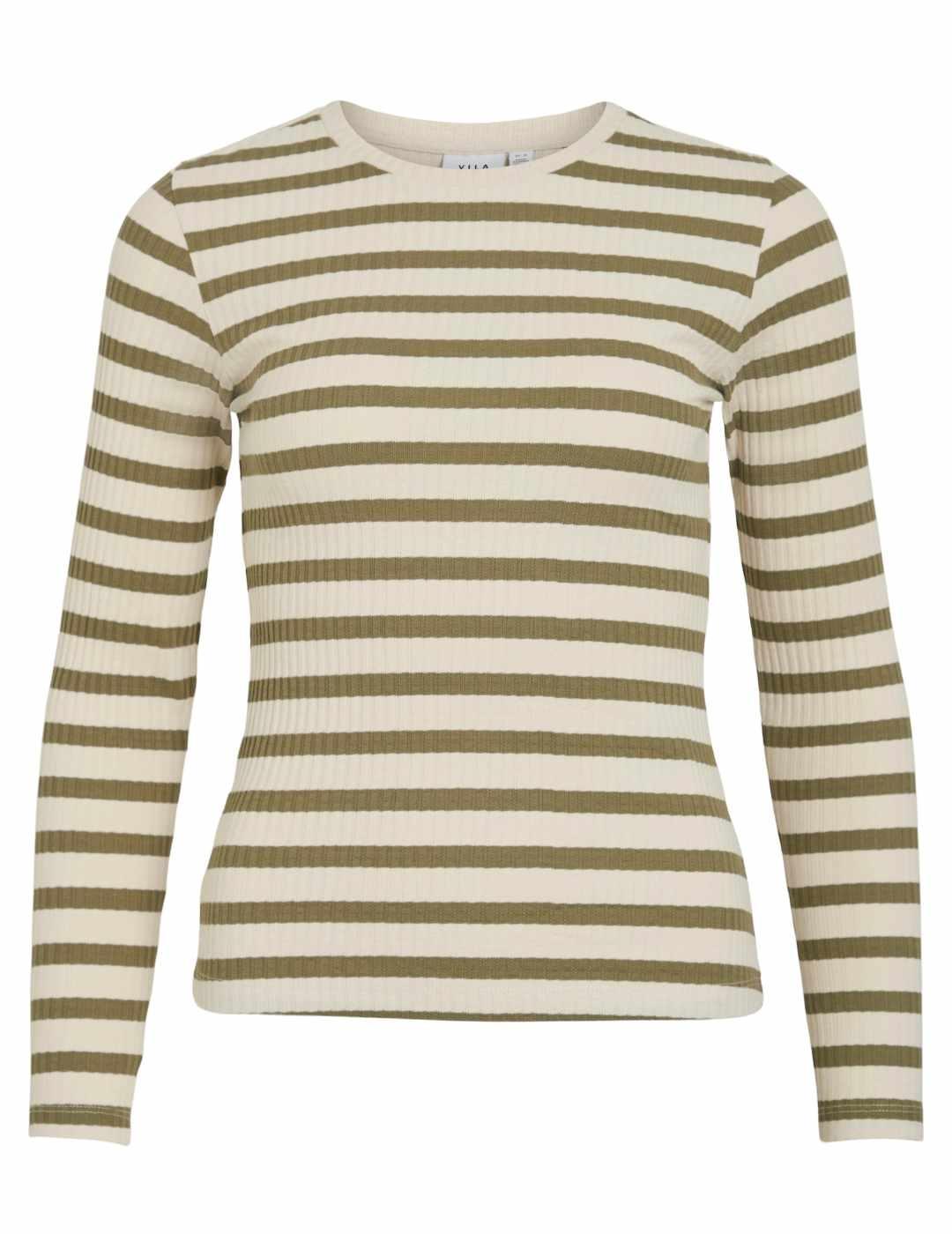 Camiseta Vila Amelie beige raya verde manga larga para mujer