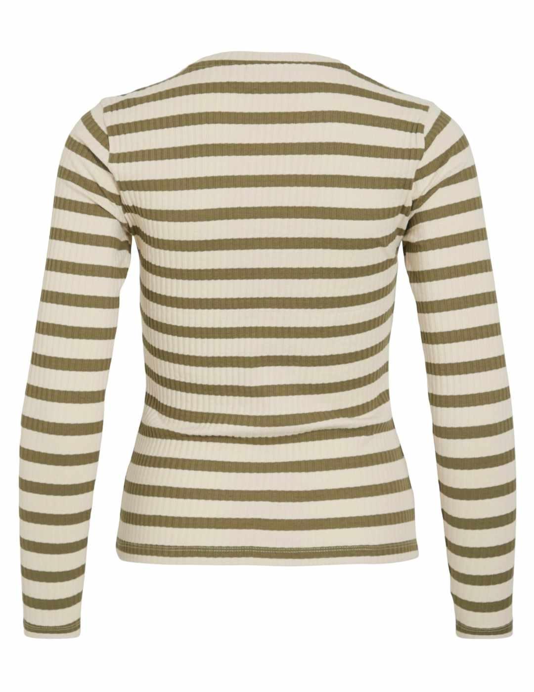 Camiseta Vila Amelie beige raya verde manga larga para mujer