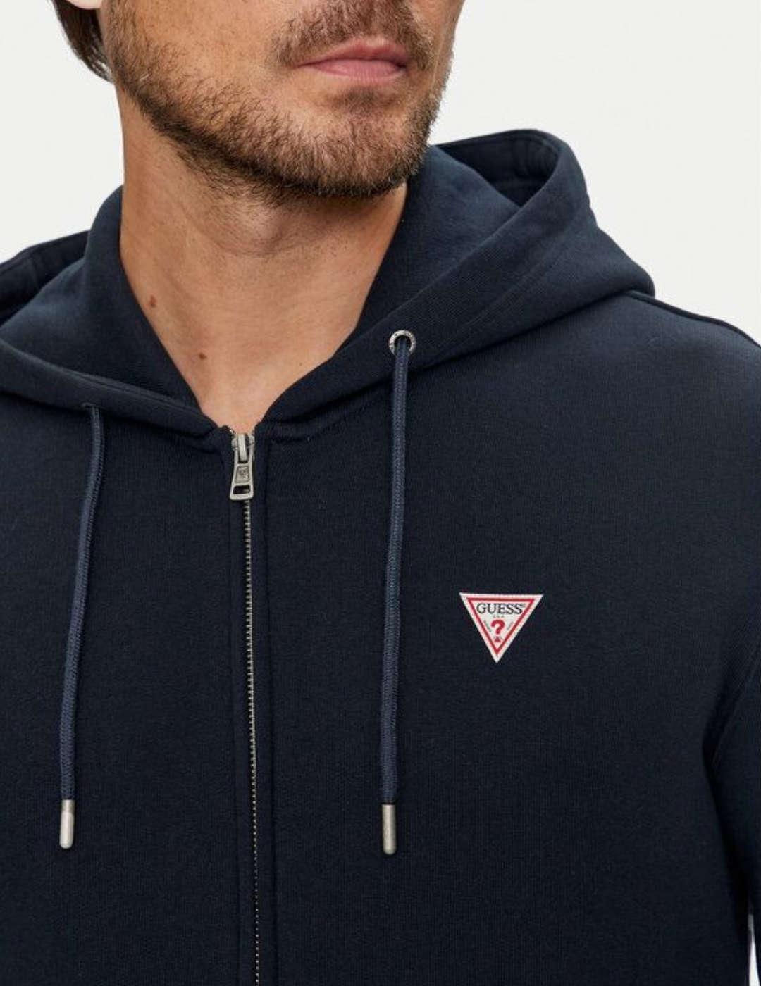 Sudadera Guess zip azul marino con logo y capucha de hombre