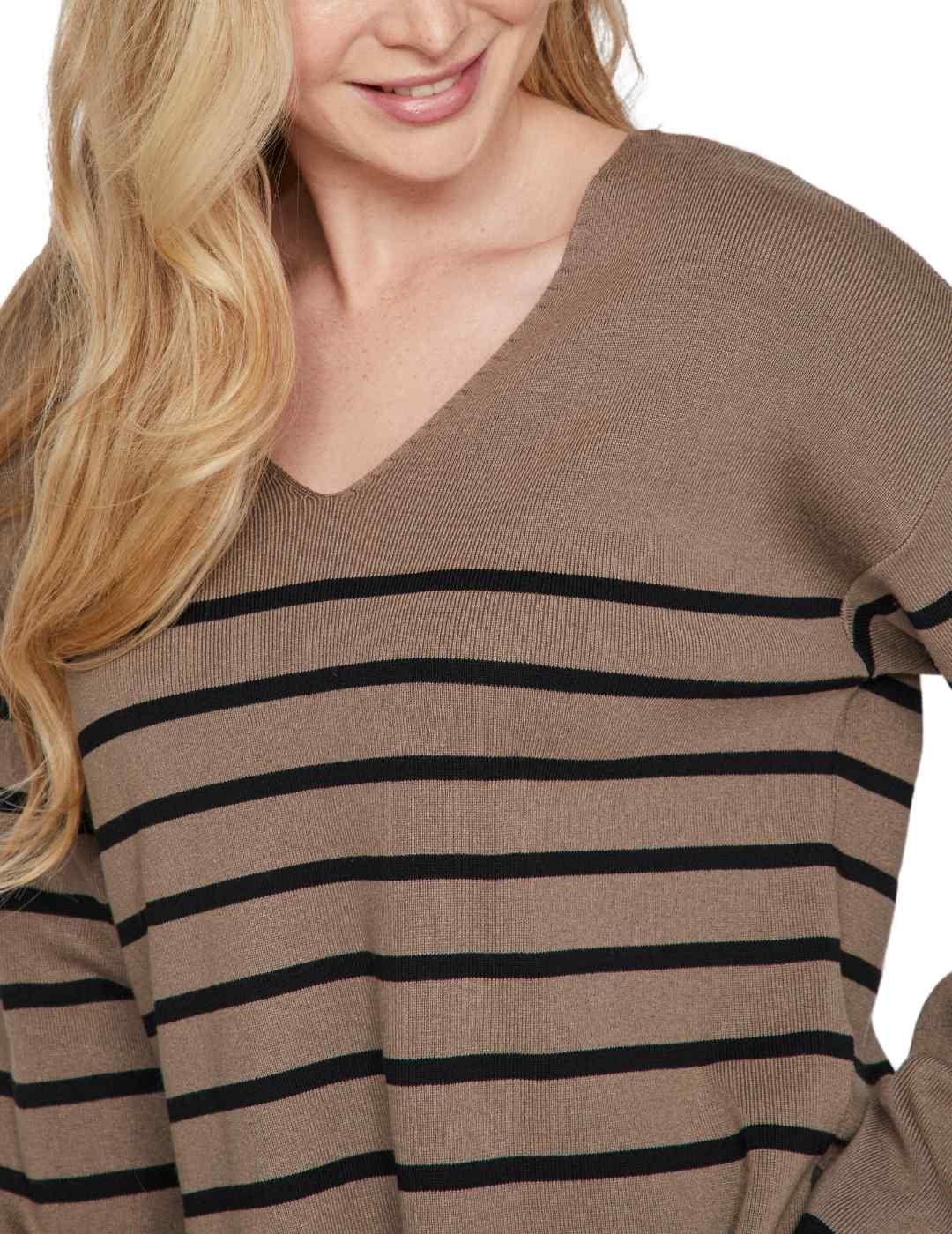 Jersey Vila Ostria beige y rayas negras troquelado de mujer