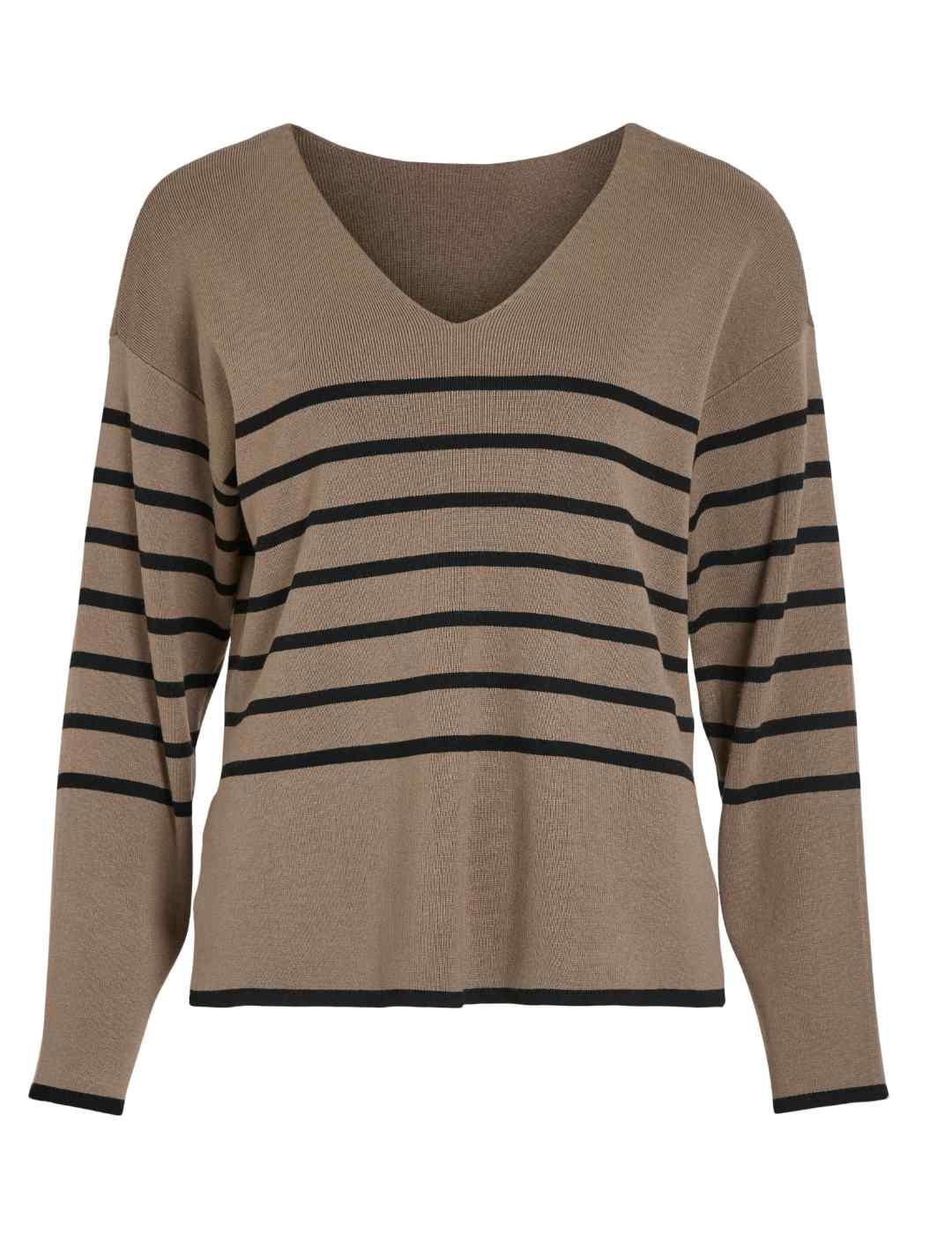 Jersey Vila Ostria beige y rayas negras troquelado de mujer