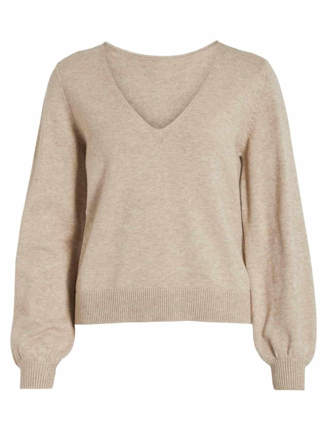 Jersey Vila Ril beige troquelado cuello pico para mujer