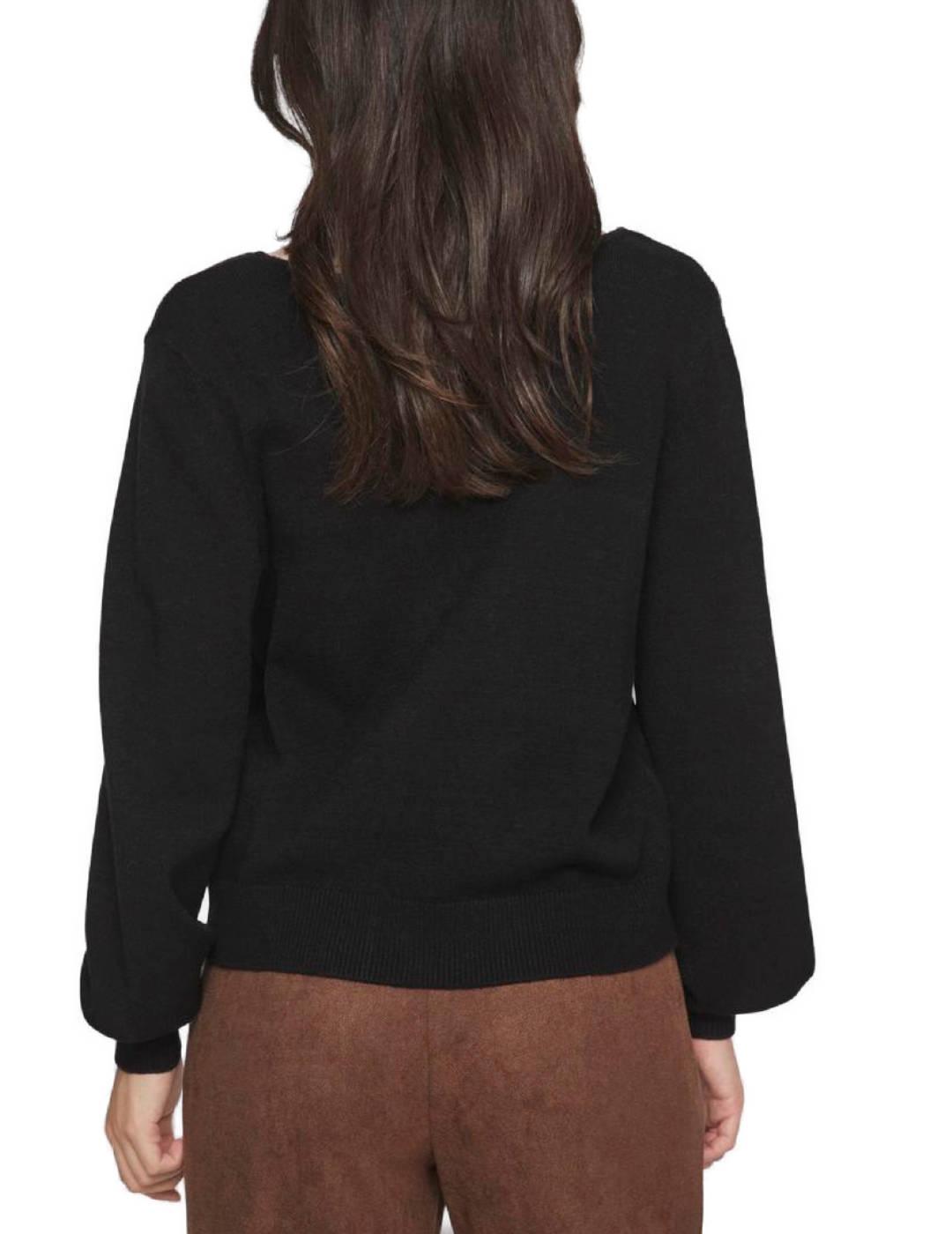 Jersey Vila Ril negro troquelado cuello de pico para mujer