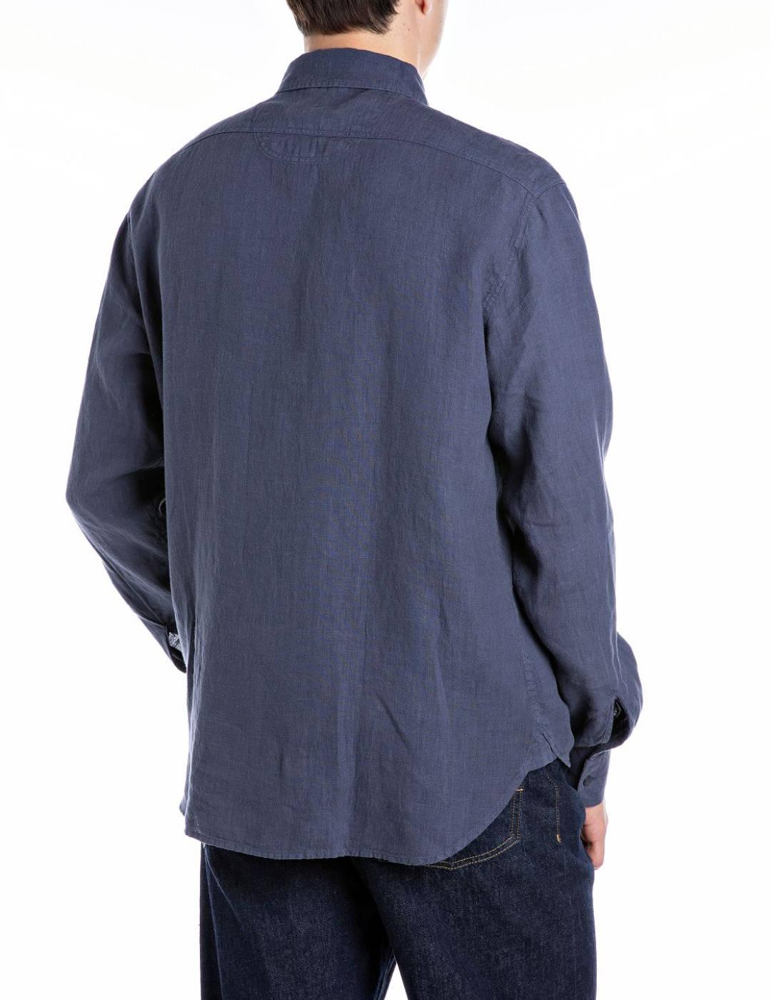 Camisa básica Replay azul regular de algodón para hombre