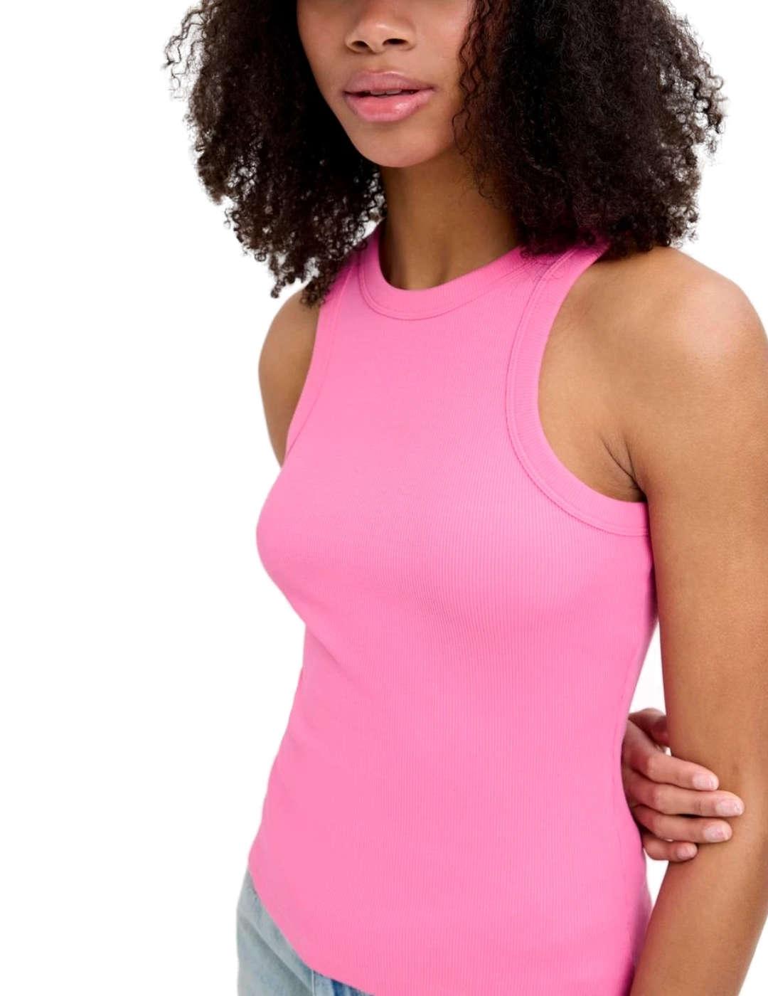 Camiseta JJXX Forest rosa chicle de canalé para mujer