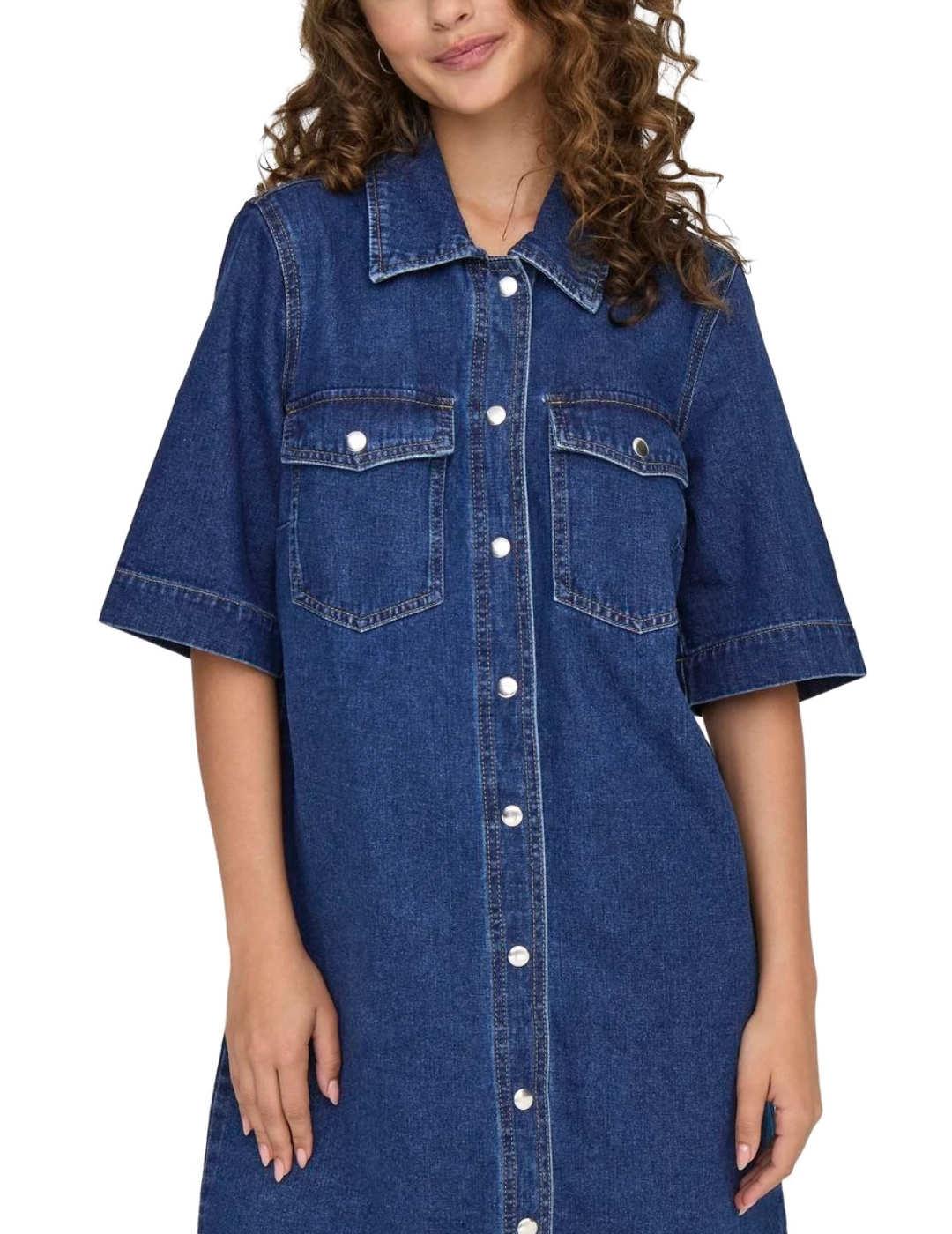 Vestido Only Belle denim azul oscuro manga corta para mujer