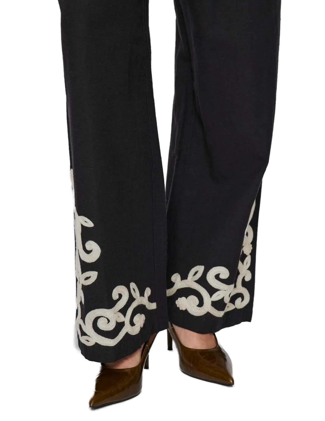 Pantalón Vila Polene negro estampado de lino para mujer