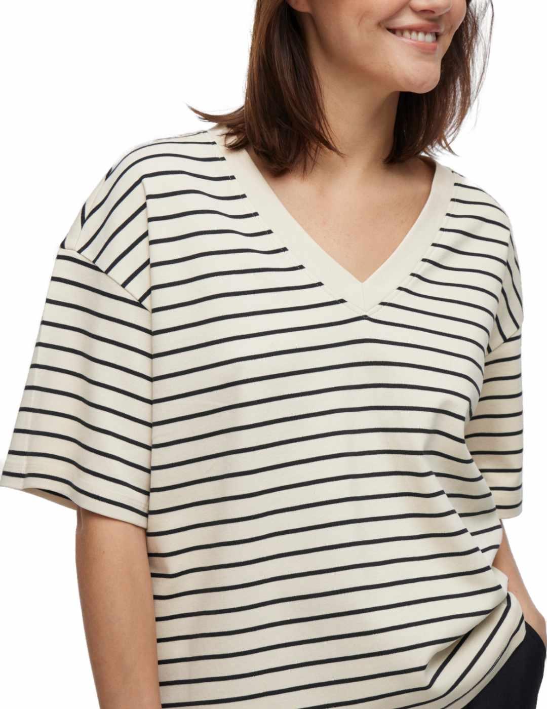 Camiseta Vila Sinny beige raya negra manga corta para mujer