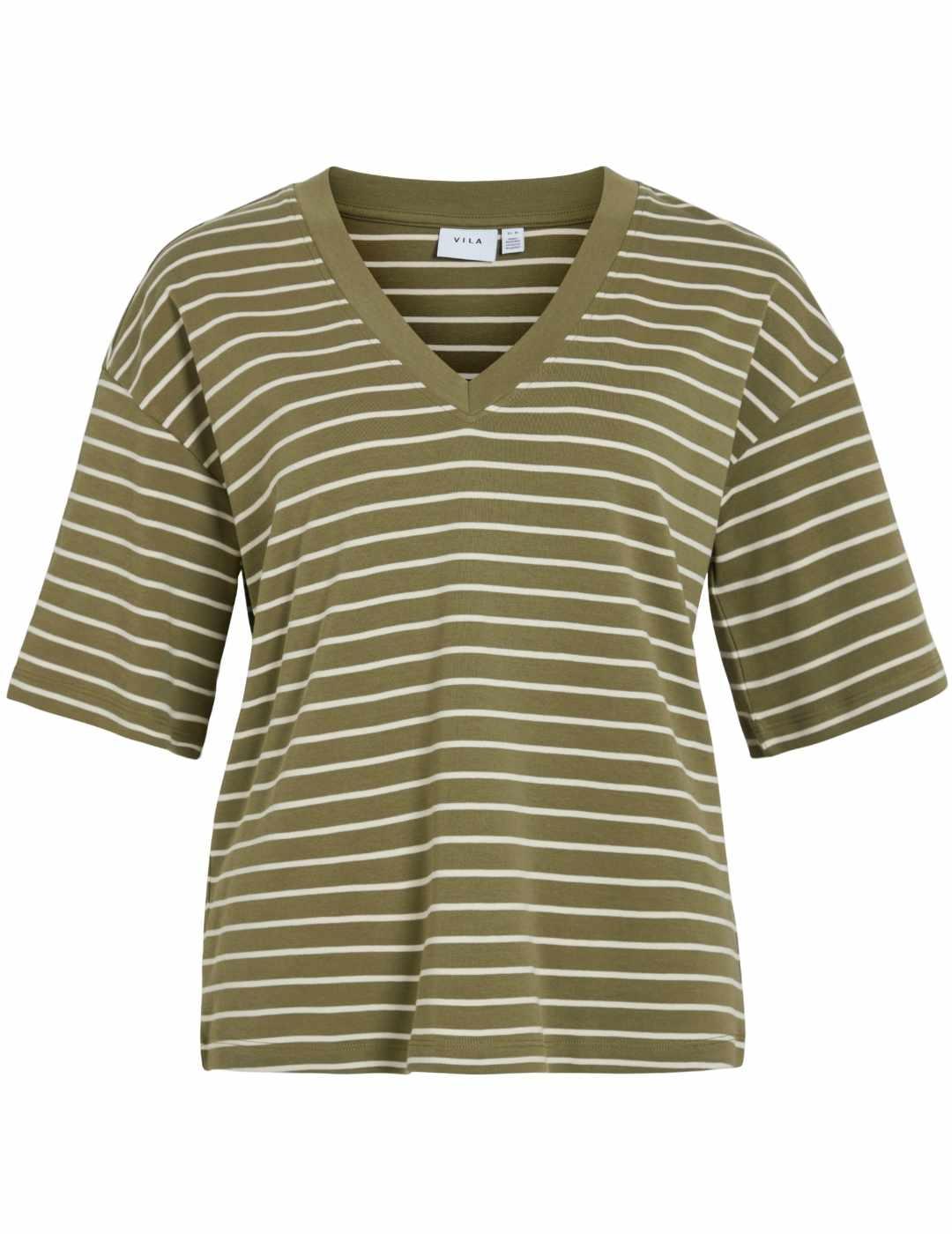 Camiseta Vila Sinny verde raya beige manga corta para mujer