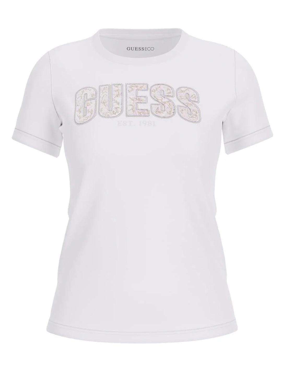 Camiseta Guess blanca logo pedrería manga corta para mujer