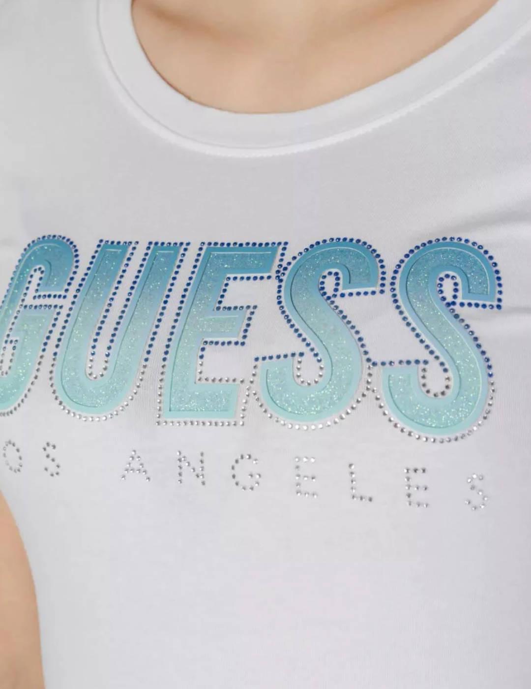 Camiseta Guess Glitter blanco logo azul manga corta de mujer