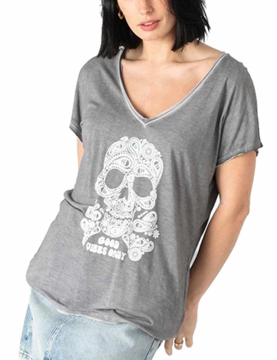 Camiseta Animosa Calavera Cashmere gris manga corta de mujer