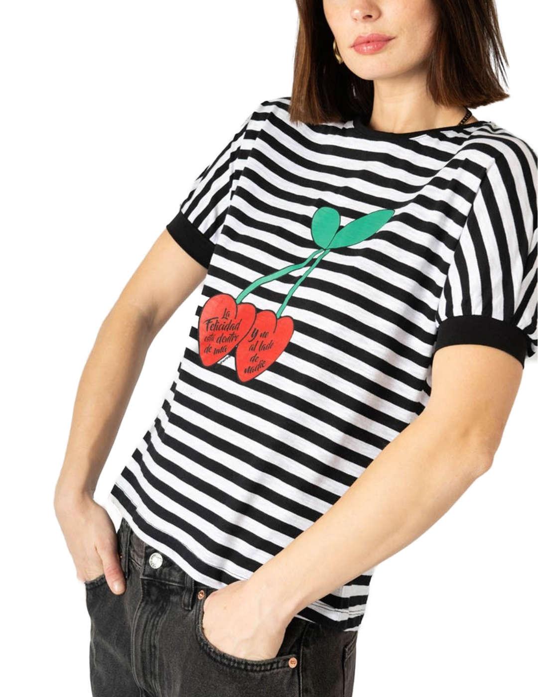 Camiseta Animosa Felicidad cerezas rayas manga corta mujer