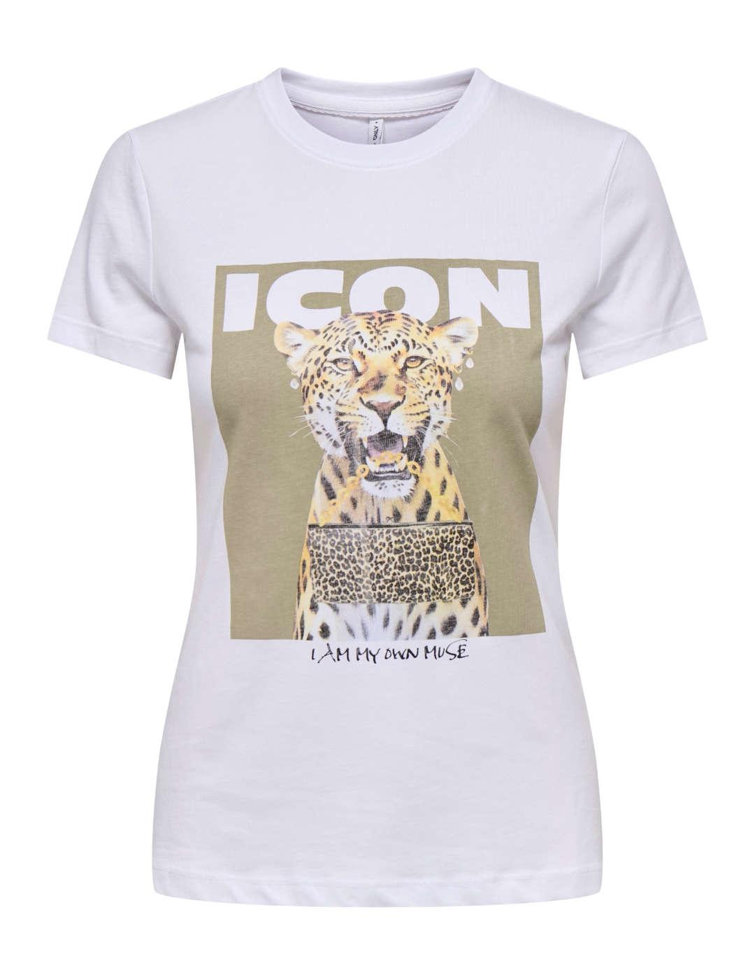 Camiseta Only Vibe blanca leopardo manga corta para mujer