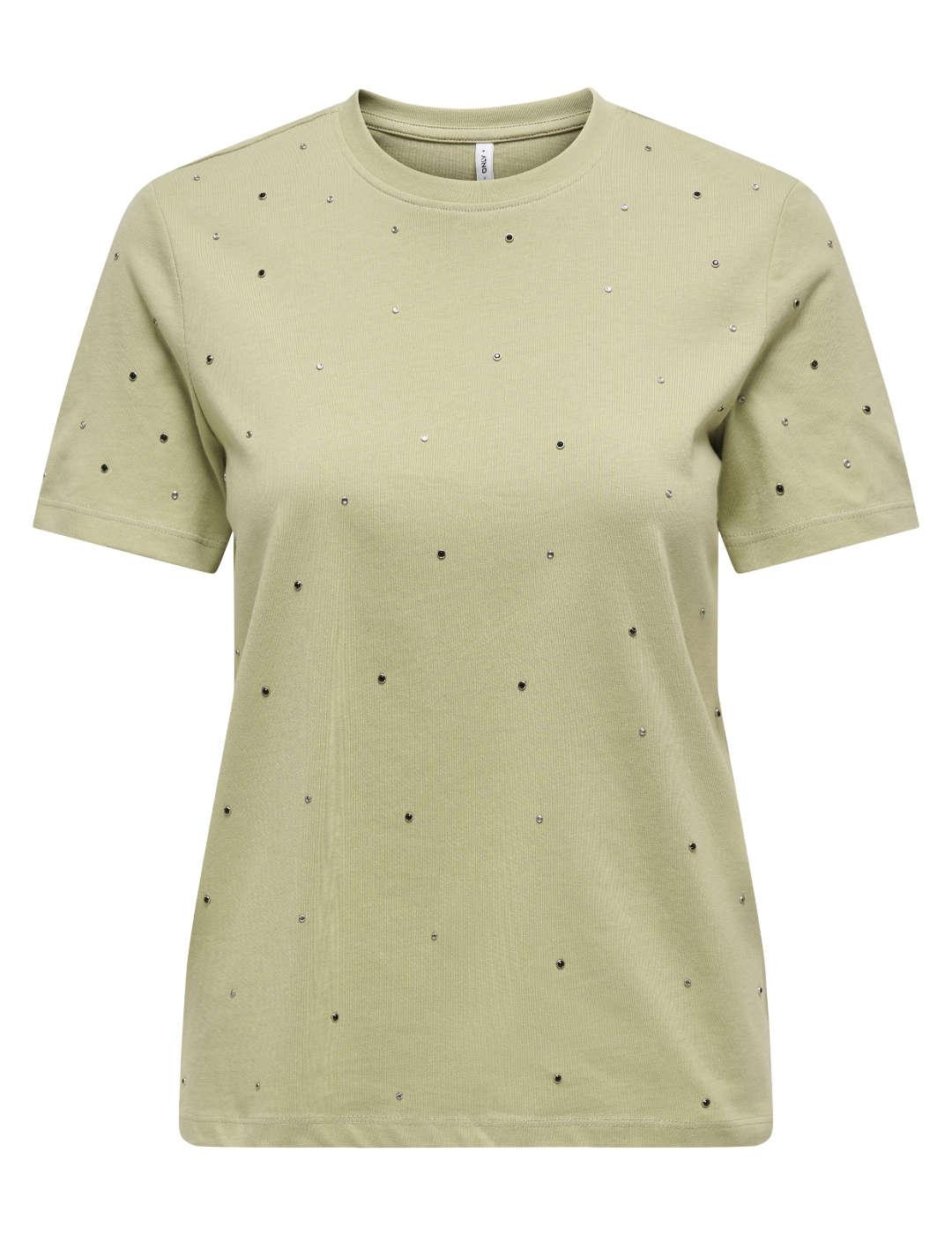 Camiseta Only Globe verde brillos manga corta para mujer