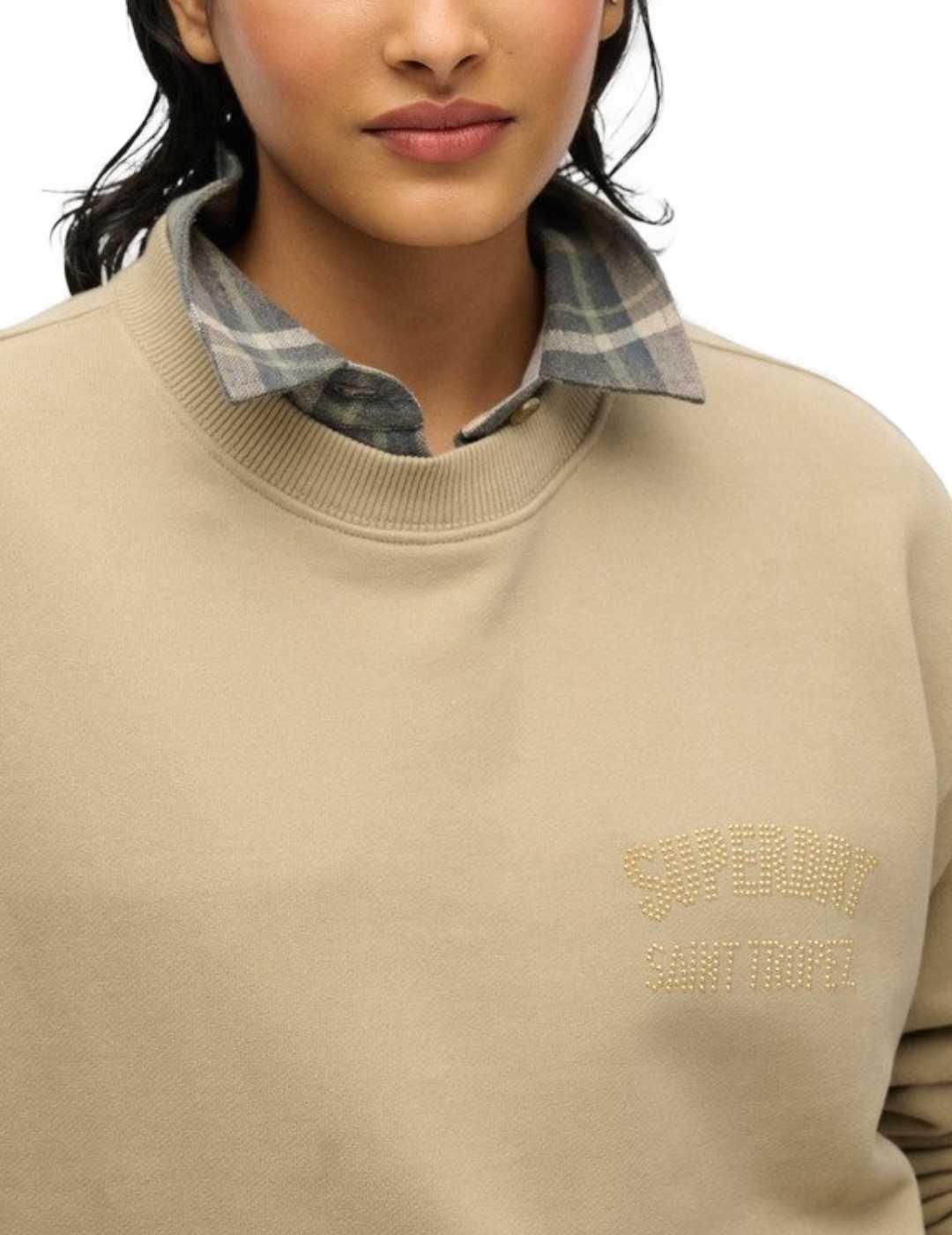 Sudadera Superdry Sport Luxe beige sin capucha para mujer