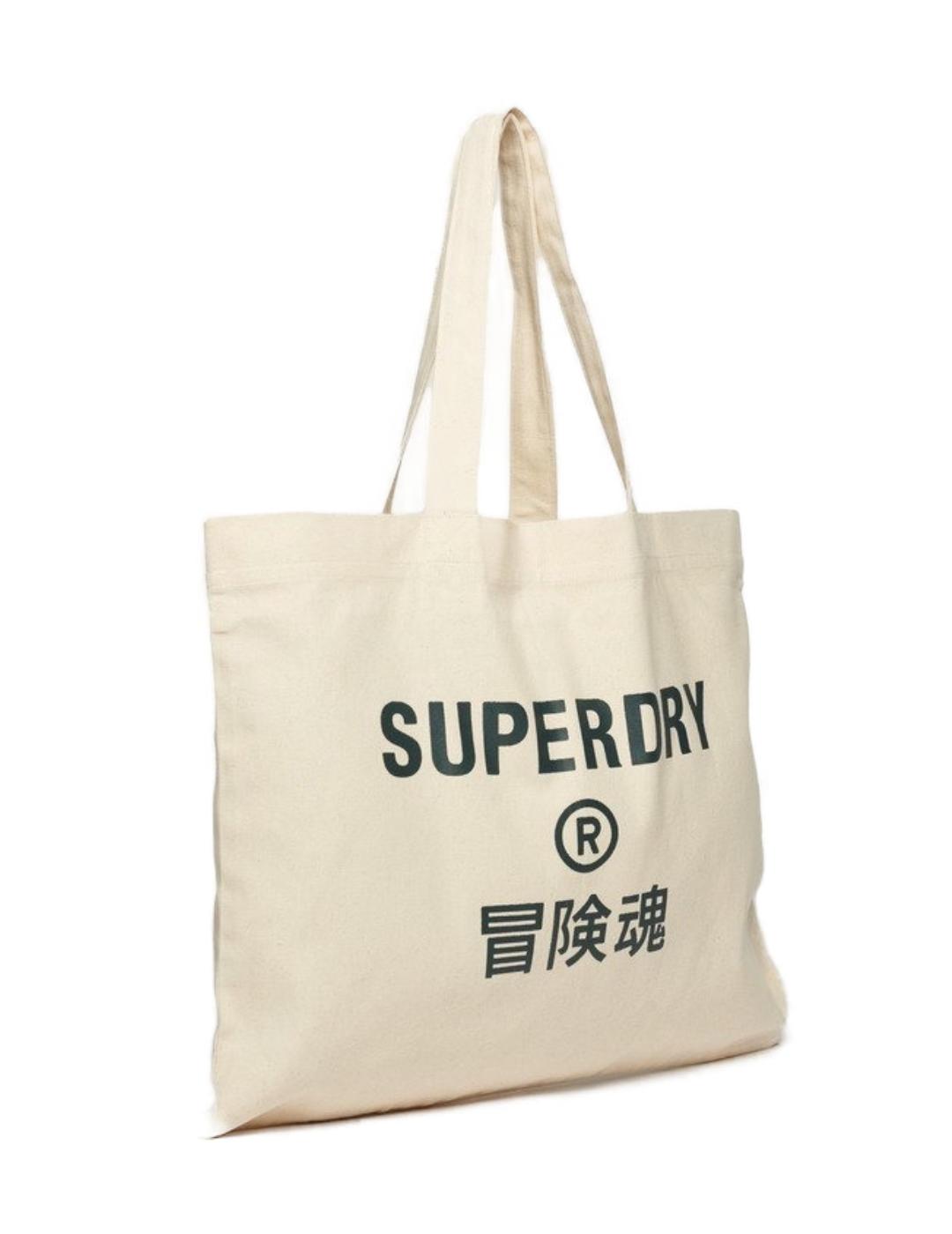 Bolso Supedry tote beige letras verde oscuro para mujer