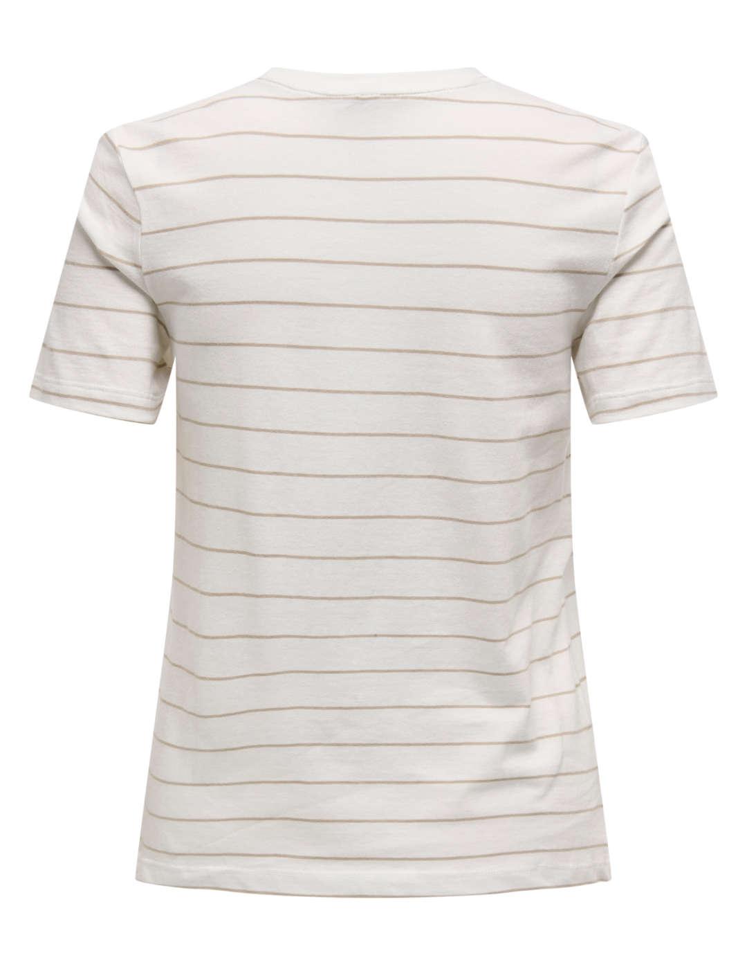 Camiseta Only Kita blanca rayas beige manga corta para mujer