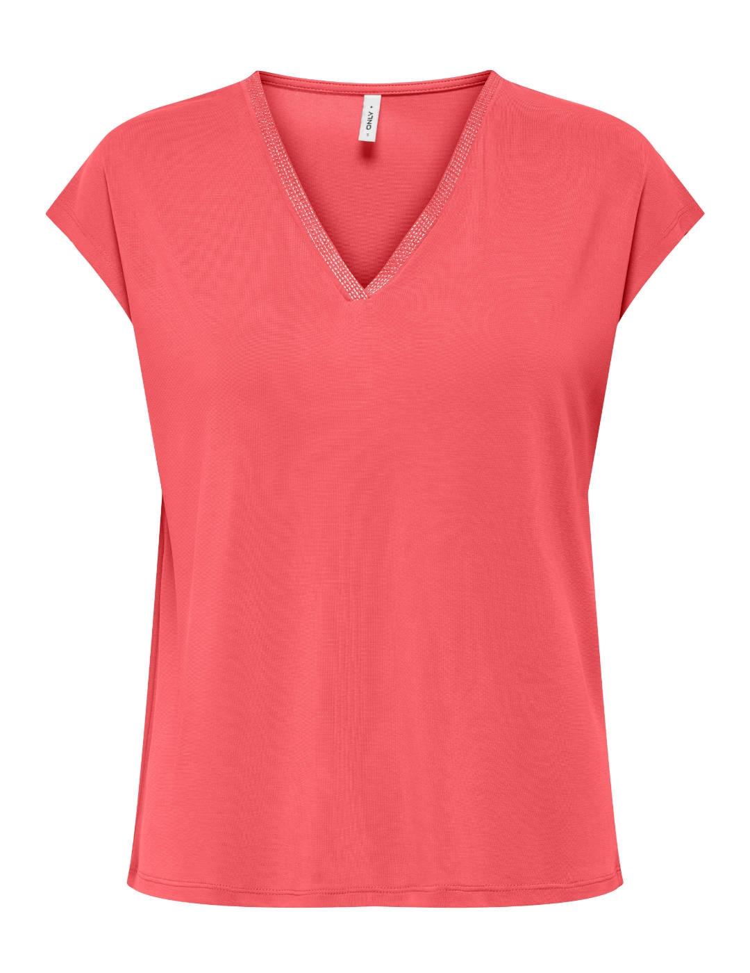 Camiseta Only Free coral cuello pico manga corta para mujer