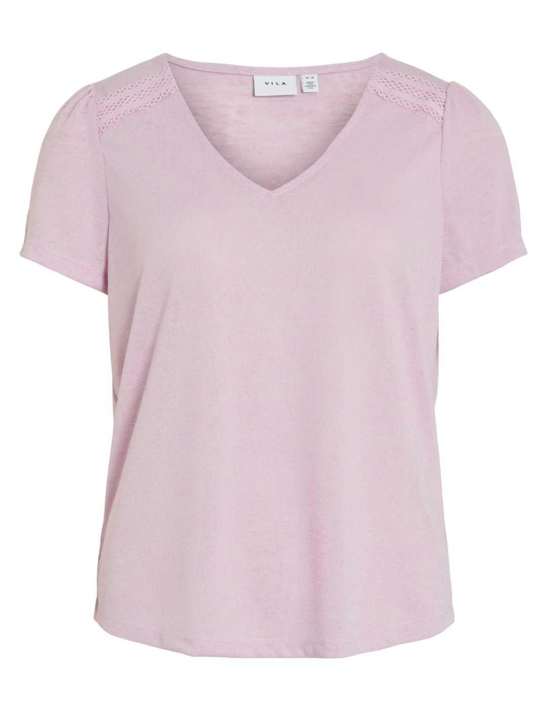 Camiseta básica Vila Amer cuello pico lila pastel para mujer