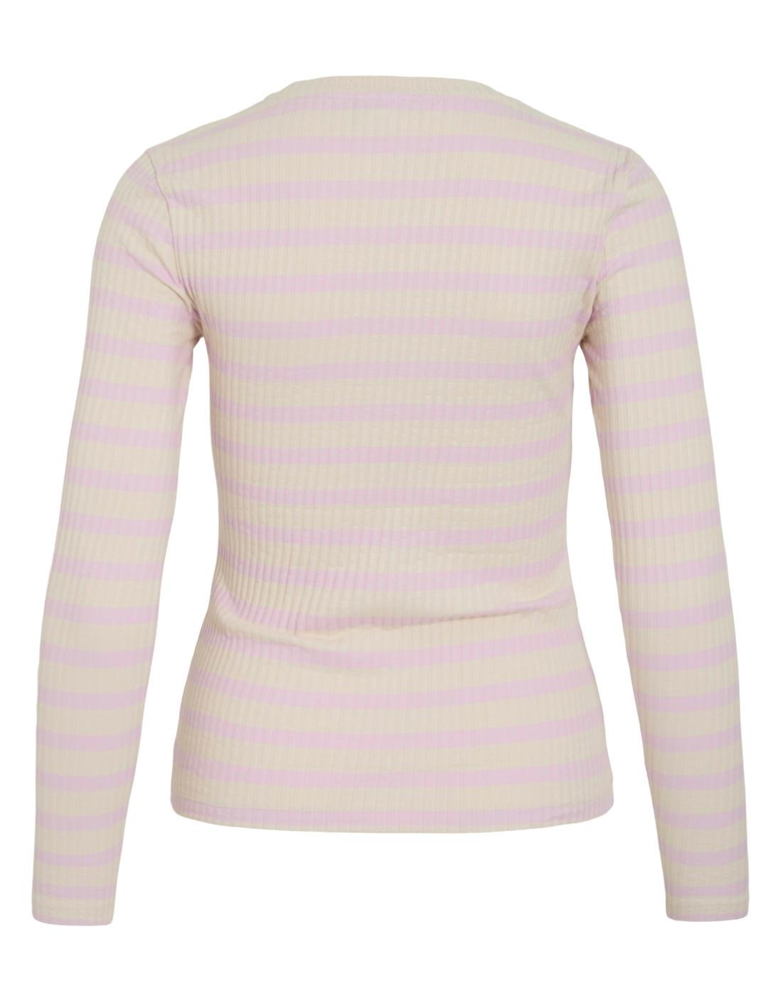 Camiseta Vila Amelie beige raya lila manga larga para mujer