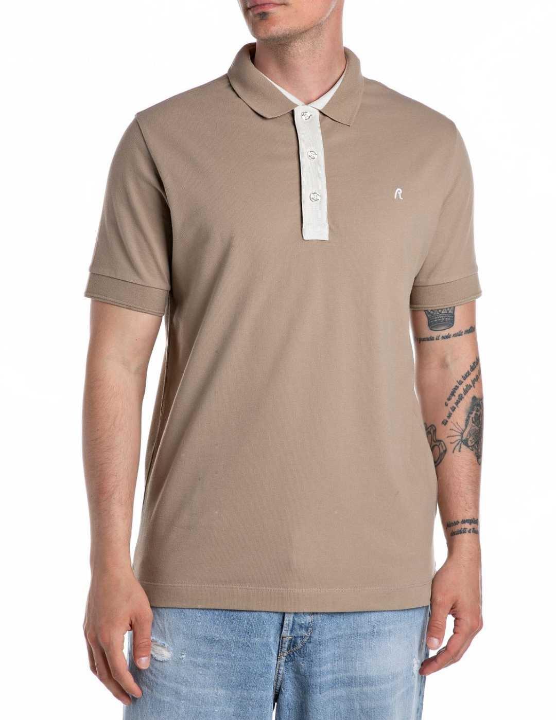 Polo Replay beige y blanco manga corta para hombre