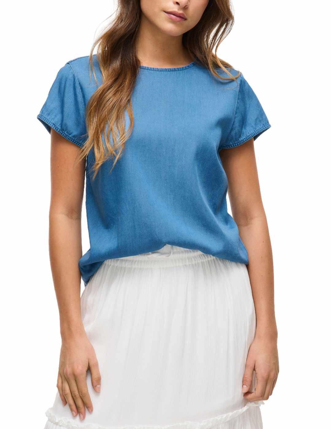 Blusa Vila Bista en tencel azul medio manga corta para mujer