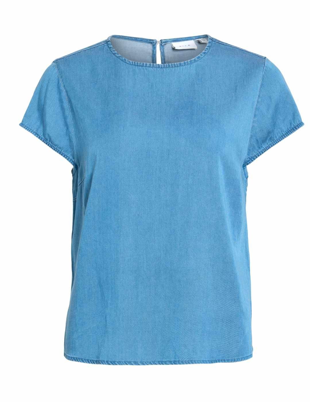 Blusa Vila Bista en tencel azul medio manga corta para mujer